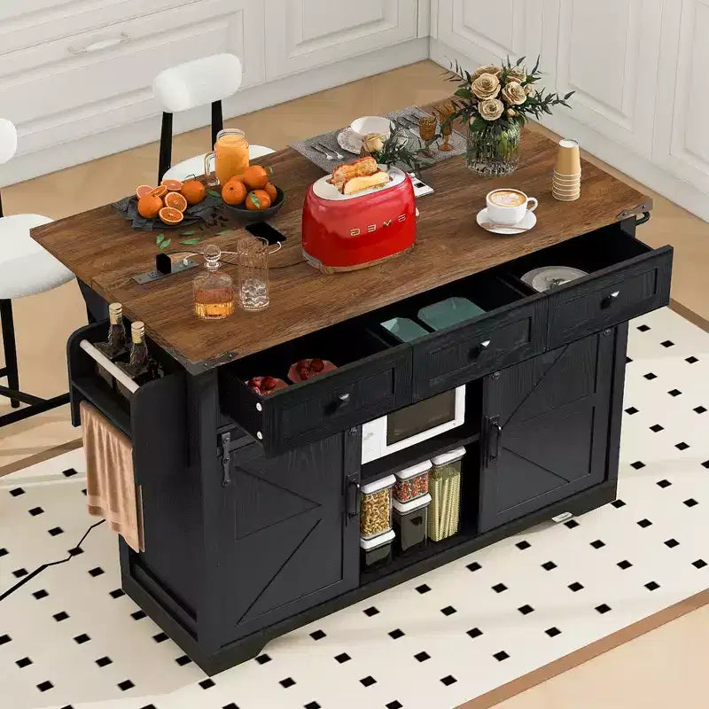 FAMYYT Rolling White Drop Leaf Wood Top 54 in. Kitchen Island Cart with Power Outlet, 2 Sliding Barn Door, Hidden Wheels