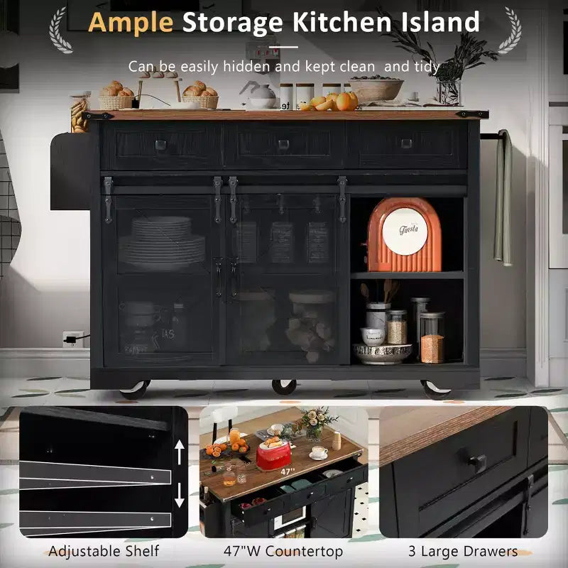 FAMYYT Rolling White Drop Leaf Wood Top 54 in. Kitchen Island Cart with Power Outlet, 2 Sliding Barn Door, Hidden Wheels