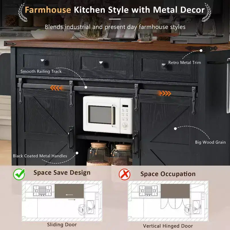 FAMYYT Rolling White Drop Leaf Wood Top 54 in. Kitchen Island Cart with Power Outlet, 2 Sliding Barn Door, Hidden Wheels