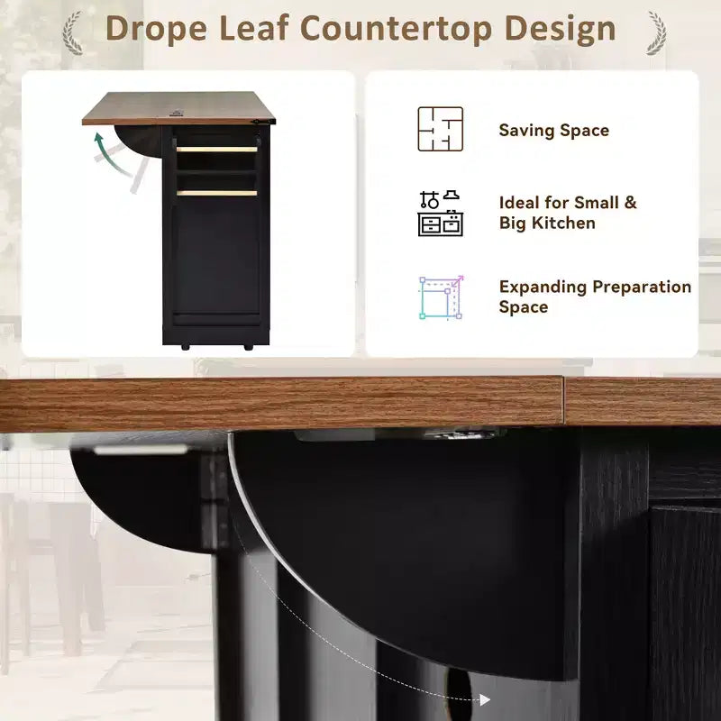 FAMYYT Rolling White Drop Leaf Wood Top 54 in. Kitchen Island Cart with Power Outlet, 2 Sliding Barn Door, Hidden Wheels