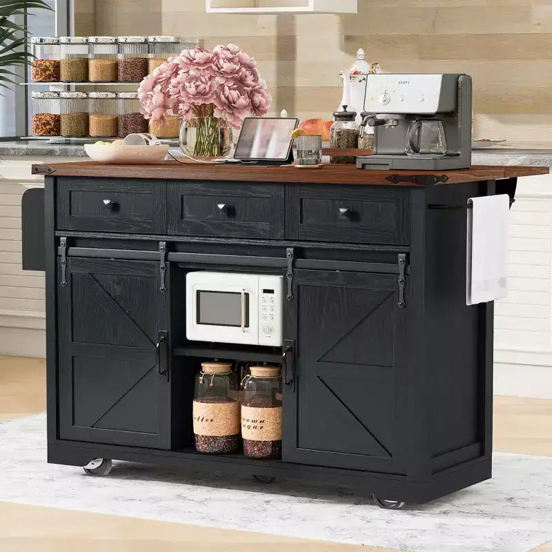 FAMYYT Rolling White Drop Leaf Wood Top 54 in. Kitchen Island Cart with Power Outlet, 2 Sliding Barn Door, Hidden Wheels