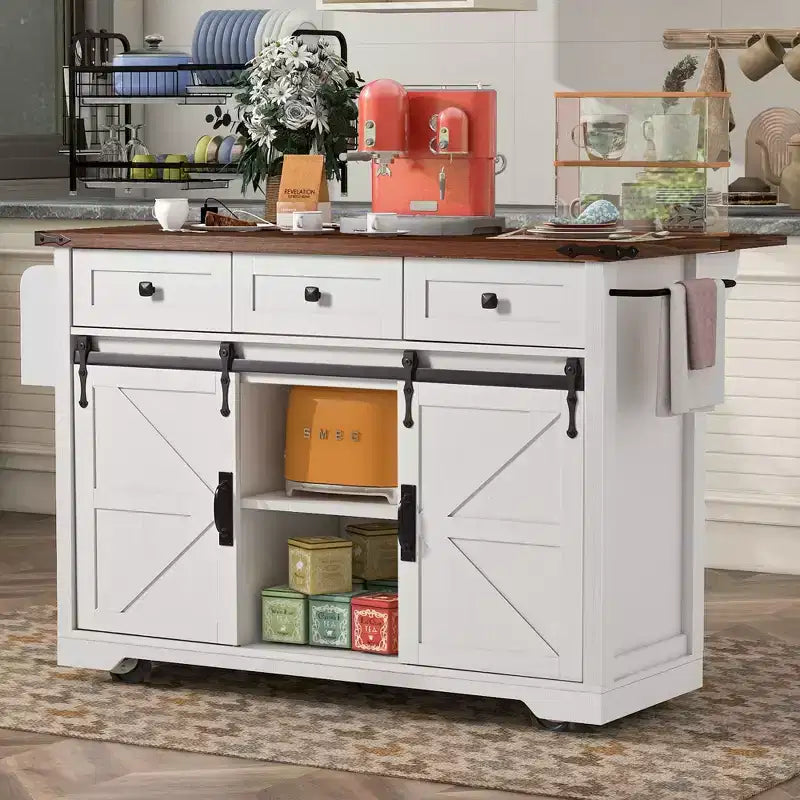FAMYYT Rolling White Drop Leaf Wood Top 54 in. Kitchen Island Cart with Power Outlet, 2 Sliding Barn Door, Hidden Wheels