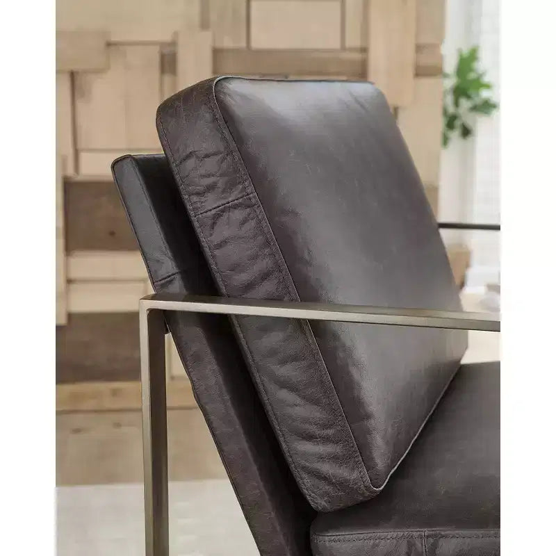 Signature Design by Ashley Bradett Accent Chair, Dark Brown Top Grain Leather, Goldtone Metal Frame, Modern Living Room Accent Chair