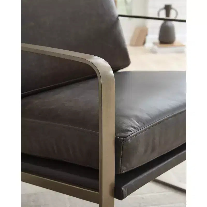 Signature Design by Ashley Bradett Accent Chair, Dark Brown Top Grain Leather, Goldtone Metal Frame, Modern Living Room Accent Chair