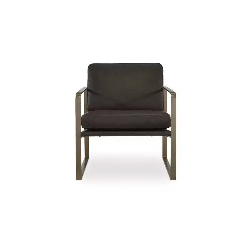 Signature Design by Ashley Bradett Accent Chair, Dark Brown Top Grain Leather, Goldtone Metal Frame, Modern Living Room Accent Chair