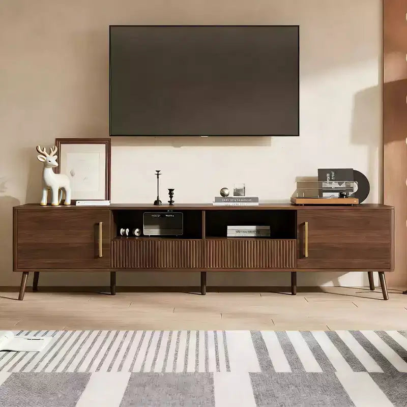JVNOXK 78-inch Modern Century Entertainment Center TV Stand, accommodates up to 85 inches, featuring soft-close doors and open shelvingWalnut