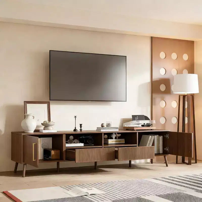 JVNOXK 78-inch Modern Century Entertainment Center TV Stand, accommodates up to 85 inches, featuring soft-close doors and open shelvingWalnut