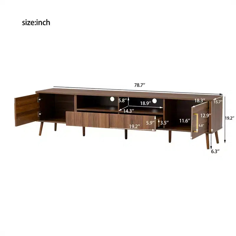 JVNOXK 78-inch Modern Century Entertainment Center TV Stand, accommodates up to 85 inches, featuring soft-close doors and open shelvingWalnut