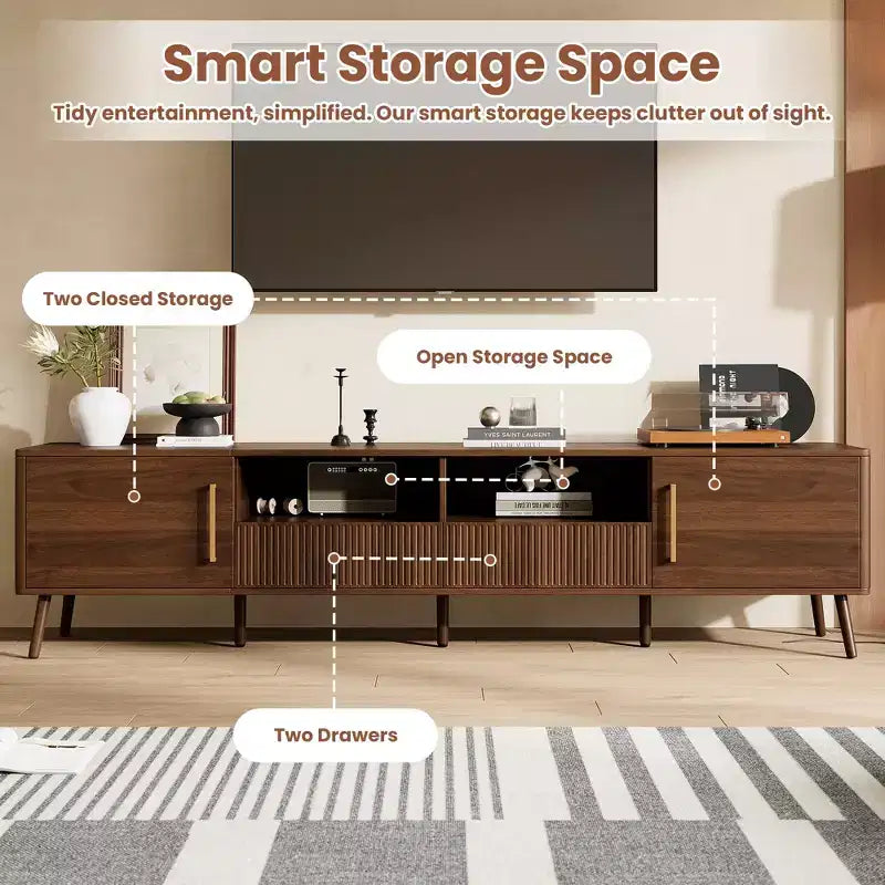 JVNOXK 78-inch Modern Century Entertainment Center TV Stand, accommodates up to 85 inches, featuring soft-close doors and open shelvingWalnut