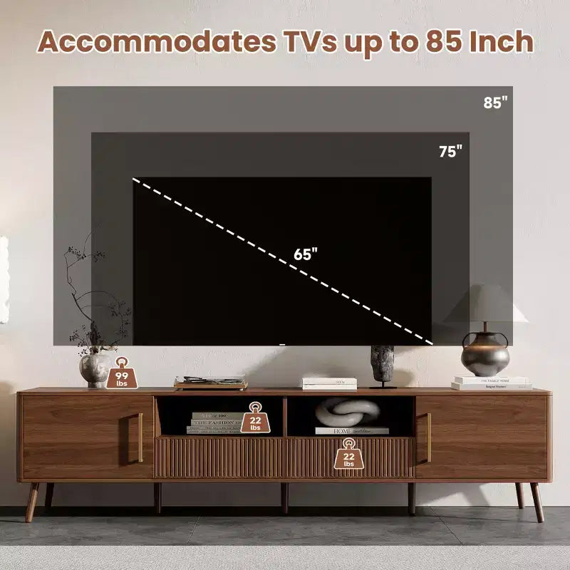 JVNOXK 78-inch Modern Century Entertainment Center TV Stand, accommodates up to 85 inches, featuring soft-close doors and open shelvingWalnut