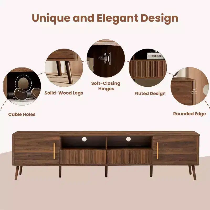 JVNOXK 78-inch Modern Century Entertainment Center TV Stand, accommodates up to 85 inches, featuring soft-close doors and open shelvingWalnut