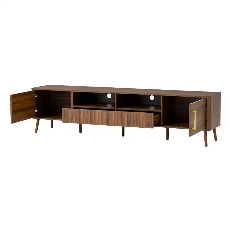 JVNOXK 78-inch Modern Century Entertainment Center TV Stand, accommodates up to 85 inches, featuring soft-close doors and open shelvingWalnut