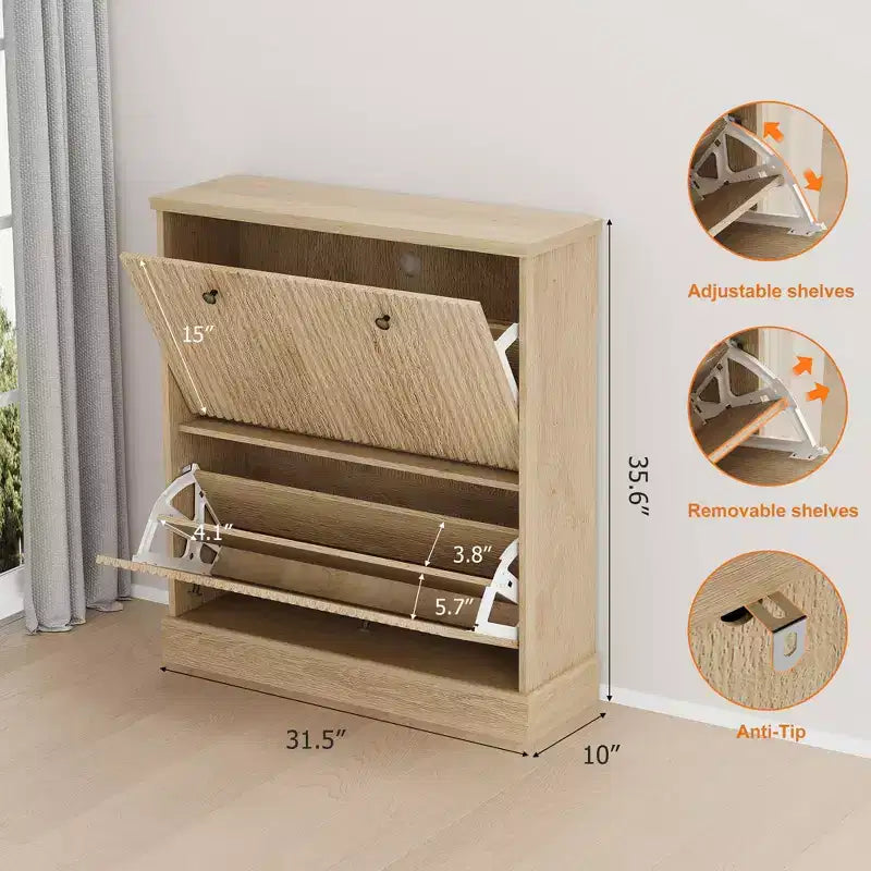 Shoe Cabinet with 4 Flip Drawers, Fluted Narrow Storage Cabinet with Adjustable Shelves, Modern Freestanding Shoe Organizer for Entryway, Hallway