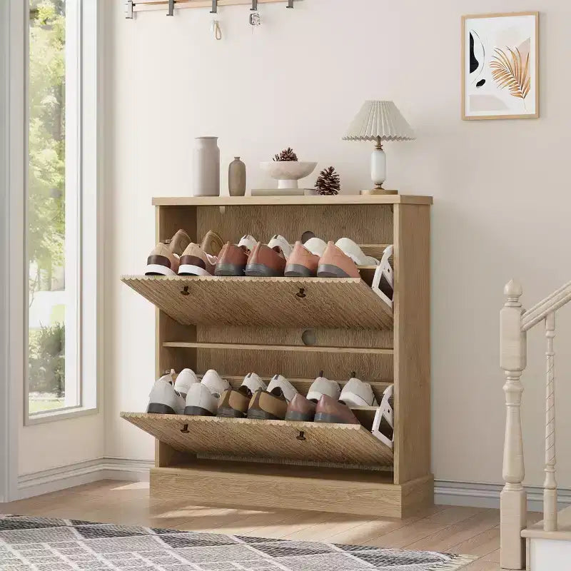 Shoe Cabinet with 4 Flip Drawers, Fluted Narrow Storage Cabinet with Adjustable Shelves, Modern Freestanding Shoe Organizer for Entryway, Hallway