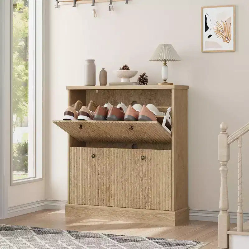 Shoe Cabinet with 4 Flip Drawers, Fluted Narrow Storage Cabinet with Adjustable Shelves, Modern Freestanding Shoe Organizer for Entryway, Hallway