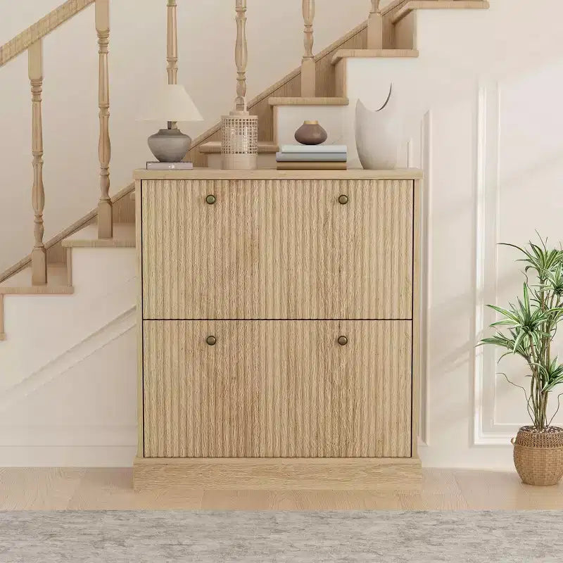 Shoe Cabinet with 4 Flip Drawers, Fluted Narrow Storage Cabinet with Adjustable Shelves, Modern Freestanding Shoe Organizer for Entryway, Hallway