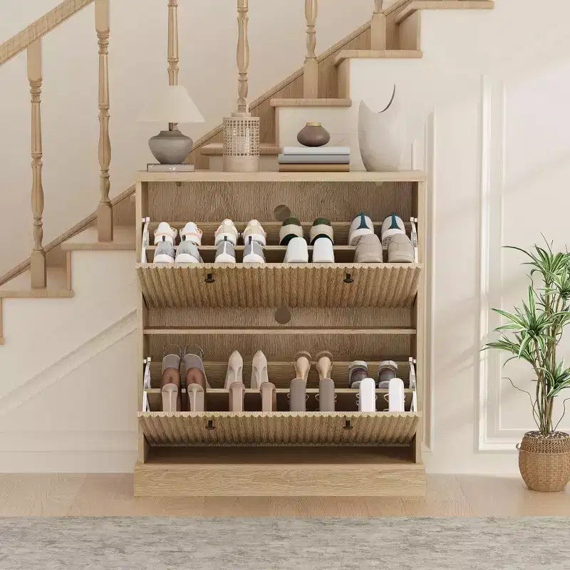 Shoe Cabinet with 4 Flip Drawers, Fluted Narrow Storage Cabinet with Adjustable Shelves, Modern Freestanding Shoe Organizer for Entryway, Hallway