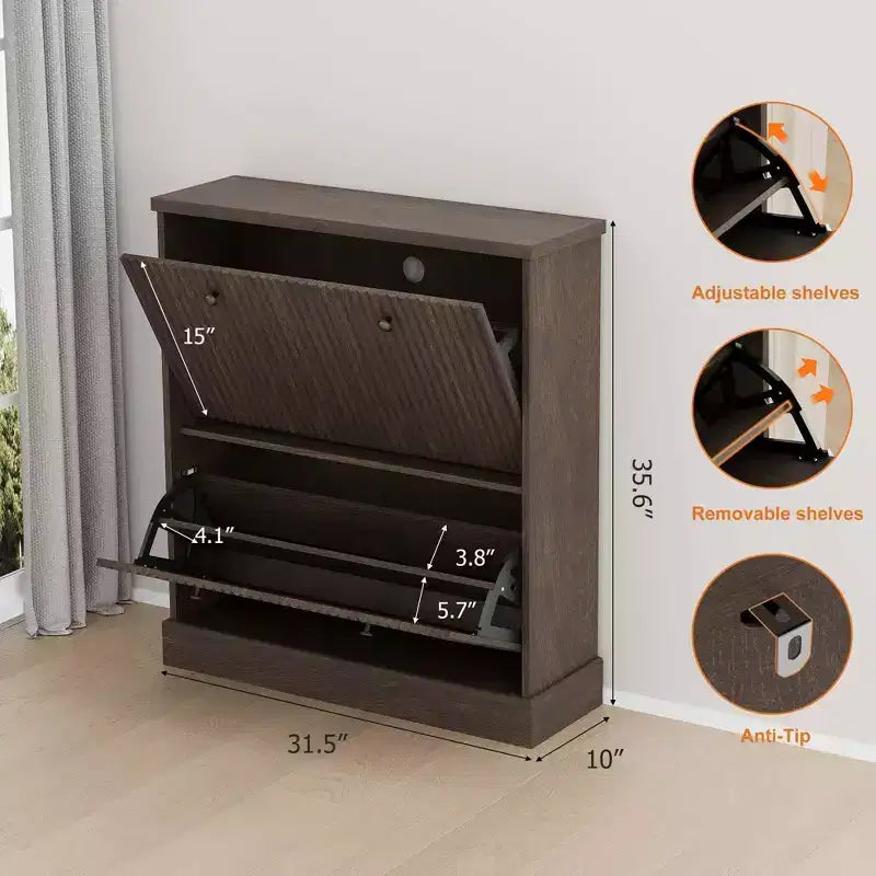 Shoe Cabinet with 4 Flip Drawers, Fluted Narrow Storage Cabinet with Adjustable Shelves, Modern Freestanding Shoe Organizer for Entryway, Hallway