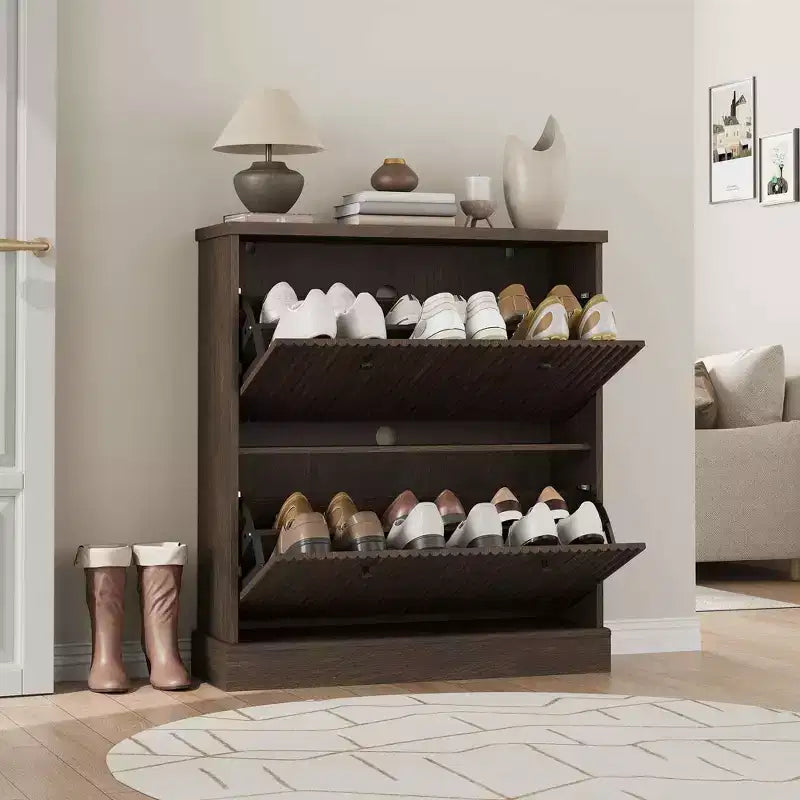 Shoe Cabinet with 4 Flip Drawers, Fluted Narrow Storage Cabinet with Adjustable Shelves, Modern Freestanding Shoe Organizer for Entryway, Hallway
