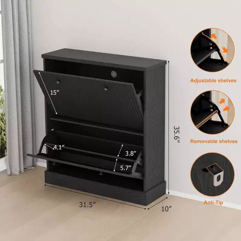 Shoe Cabinet with 4 Flip Drawers, Fluted Narrow Storage Cabinet with Adjustable Shelves, Modern Freestanding Shoe Organizer for Entryway, Hallway