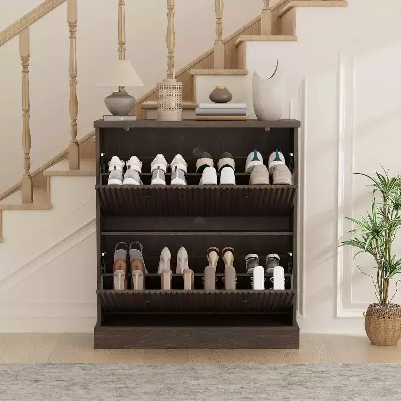 Shoe Cabinet with 4 Flip Drawers, Fluted Narrow Storage Cabinet with Adjustable Shelves, Modern Freestanding Shoe Organizer for Entryway, Hallway