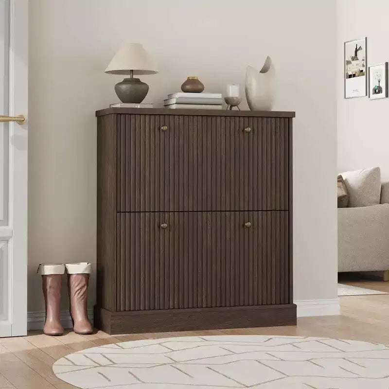 Shoe Cabinet with 4 Flip Drawers, Fluted Narrow Storage Cabinet with Adjustable Shelves, Modern Freestanding Shoe Organizer for Entryway, Hallway