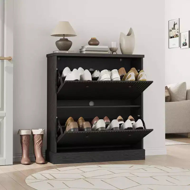 Shoe Cabinet with 4 Flip Drawers, Fluted Narrow Storage Cabinet with Adjustable Shelves, Modern Freestanding Shoe Organizer for Entryway, Hallway