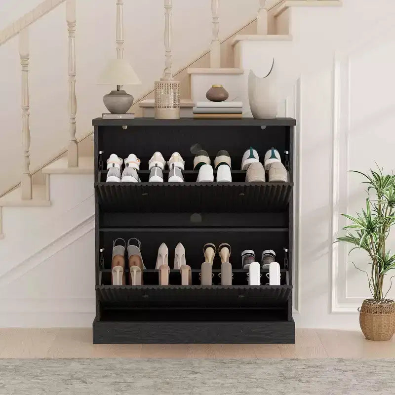 Shoe Cabinet with 4 Flip Drawers, Fluted Narrow Storage Cabinet with Adjustable Shelves, Modern Freestanding Shoe Organizer for Entryway, Hallway
