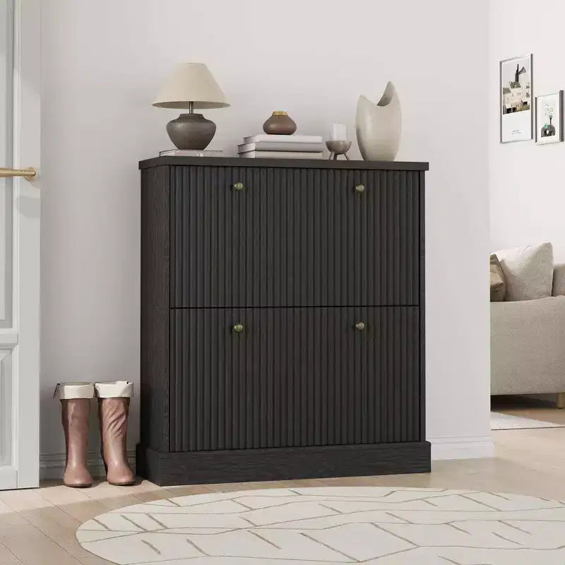 Shoe Cabinet with 4 Flip Drawers, Fluted Narrow Storage Cabinet with Adjustable Shelves, Modern Freestanding Shoe Organizer for Entryway, Hallway