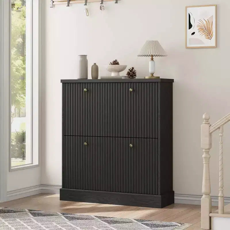 Shoe Cabinet with 4 Flip Drawers, Fluted Narrow Storage Cabinet with Adjustable Shelves, Modern Freestanding Shoe Organizer for Entryway, Hallway