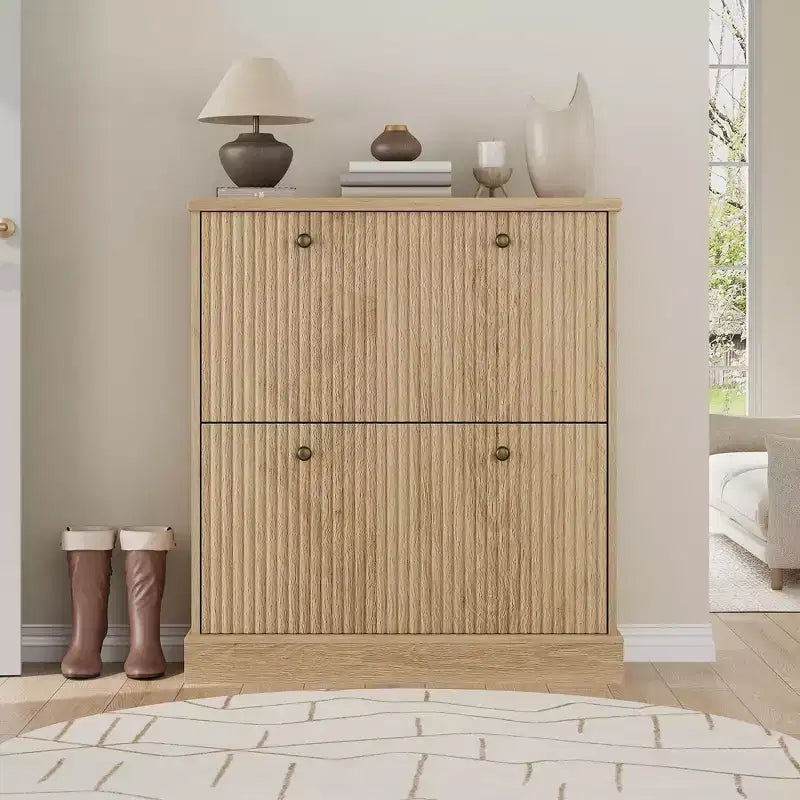 Shoe Cabinet with 4 Flip Drawers, Fluted Narrow Storage Cabinet with Adjustable Shelves, Modern Freestanding Shoe Organizer for Entryway, Hallway