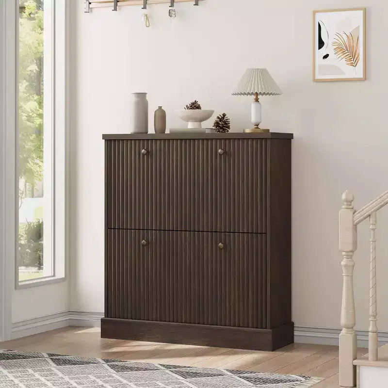 Shoe Cabinet with 4 Flip Drawers, Fluted Narrow Storage Cabinet with Adjustable Shelves, Modern Freestanding Shoe Organizer for Entryway, Hallway