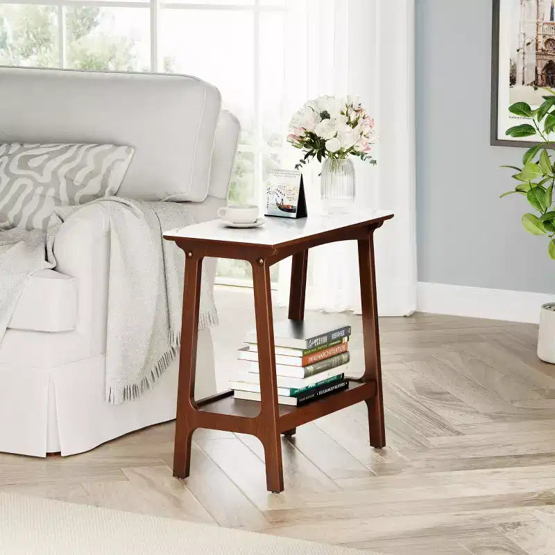 Rustic Narrow Side Table with Storage Shelf, Compact Nightstand for Small Spaces, Living Room, Bedroom, Farmhouse, Easy Assembly