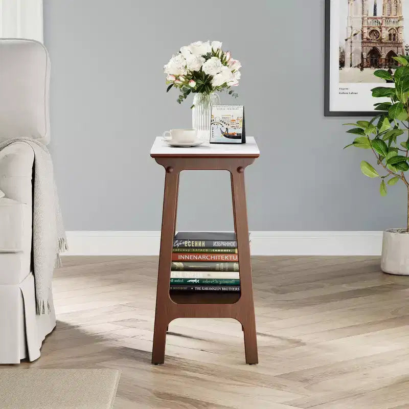 Rustic Narrow Side Table with Storage Shelf, Compact Nightstand for Small Spaces, Living Room, Bedroom, Farmhouse, Easy Assembly