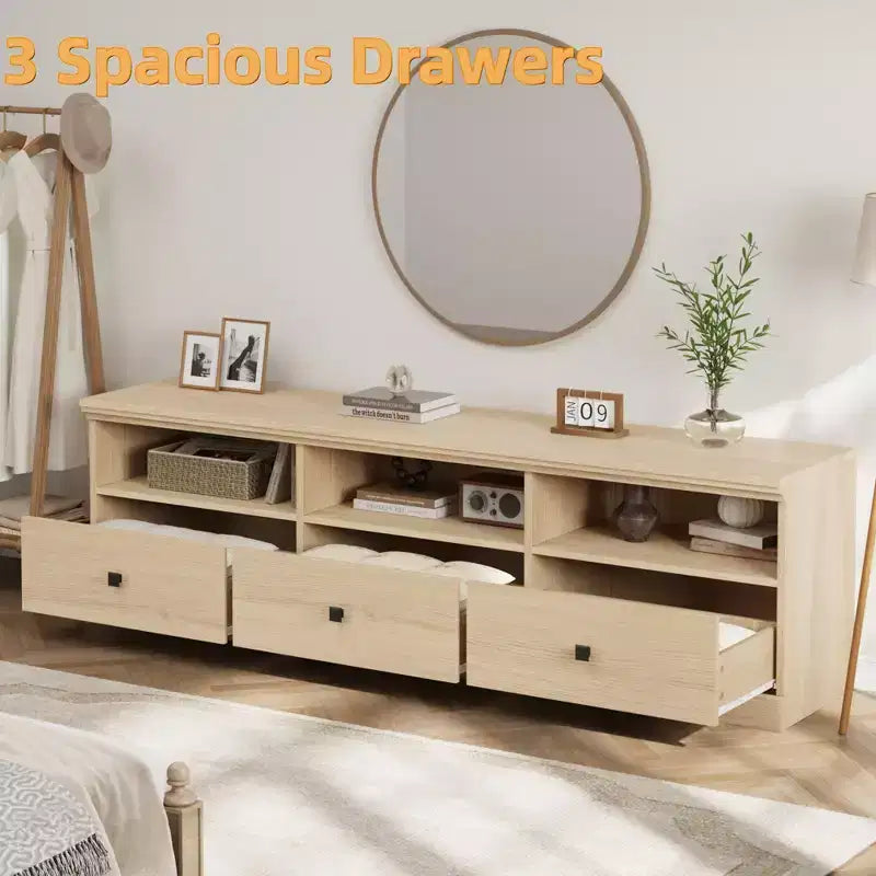 70'' Mid-Century Modern TV Stand,Entertainment Center with 3 Drawers & Open Shelves, Media Console for 65/70/75 inch TVs in Living Room & Bedroom