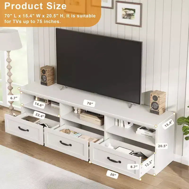 70'' Mid-Century Modern TV Stand,Entertainment Center with 3 Drawers & Open Shelves, Media Console for 65/70/75 inch TVs in Living Room & Bedroom