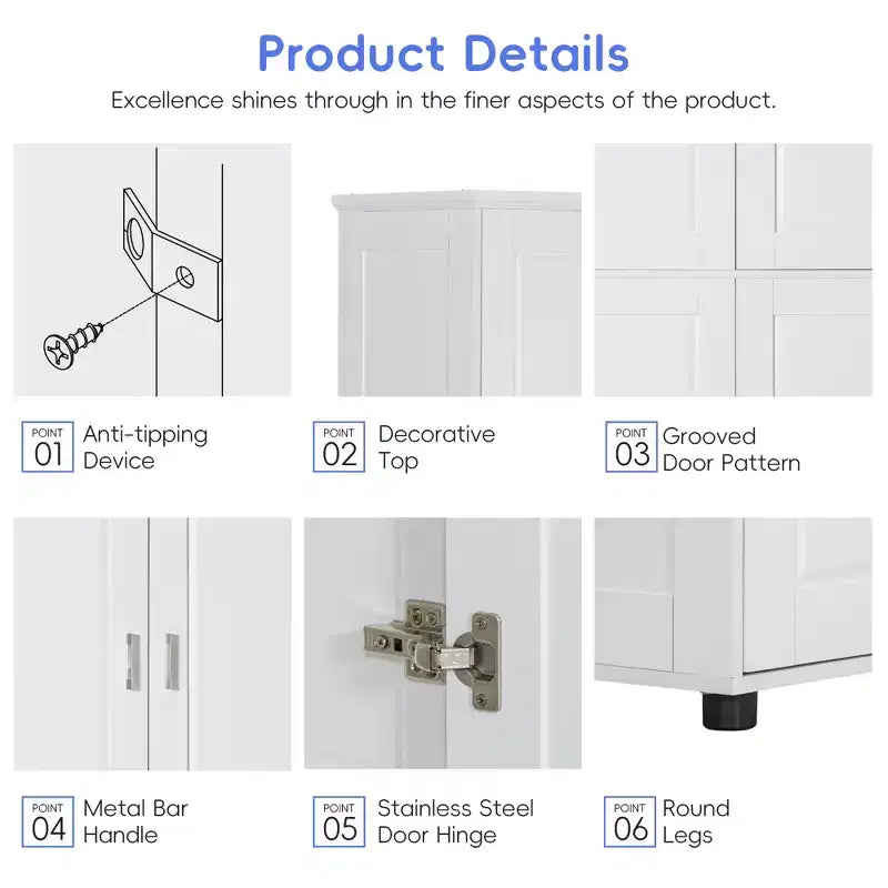 GDFStudio Marian Modern Wood Freestanding Bathroom Storage Cabinet with 4 Doors and Adjustable Shelf