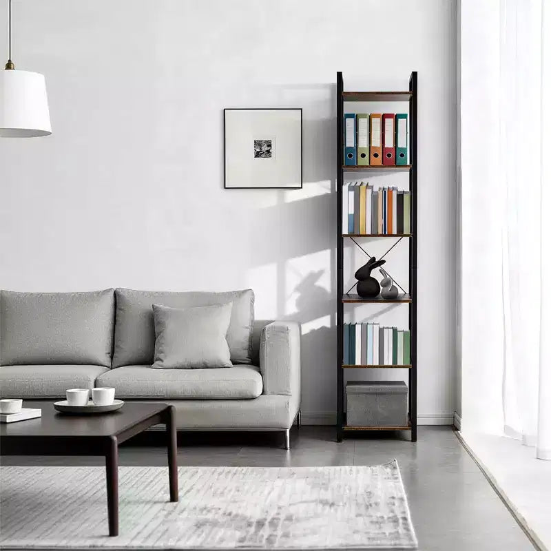 MAYEERTY 6-Tier Industrial Narrow Bookshelf, Rustic Small Freestanding Corner Storage Rack Metal Frame Display Stand
