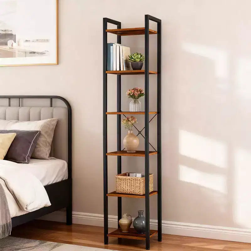 MAYEERTY 6-Tier Industrial Narrow Bookshelf, Rustic Small Freestanding Corner Storage Rack Metal Frame Display Stand