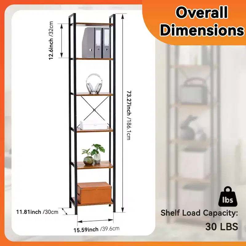 MAYEERTY 6-Tier Industrial Narrow Bookshelf, Rustic Small Freestanding Corner Storage Rack Metal Frame Display Stand