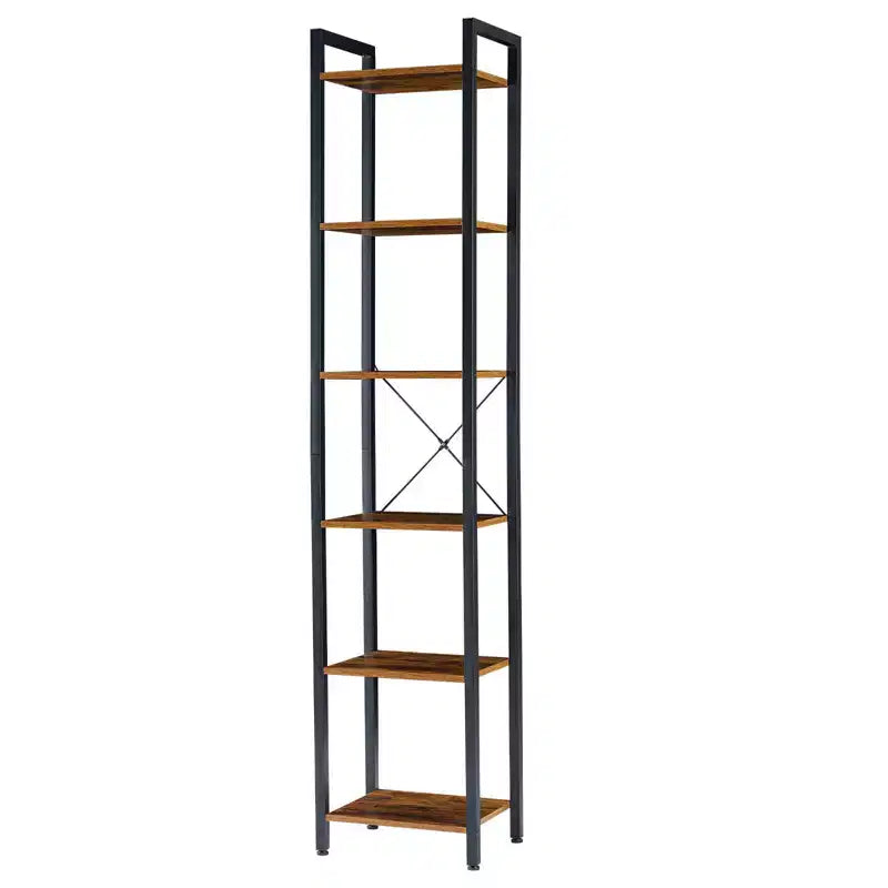 MAYEERTY 6-Tier Industrial Narrow Bookshelf, Rustic Small Freestanding Corner Storage Rack Metal Frame Display Stand