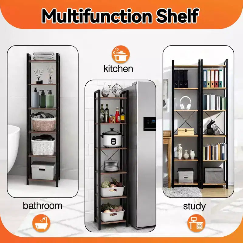 MAYEERTY 6-Tier Industrial Narrow Bookshelf, Rustic Small Freestanding Corner Storage Rack Metal Frame Display Stand