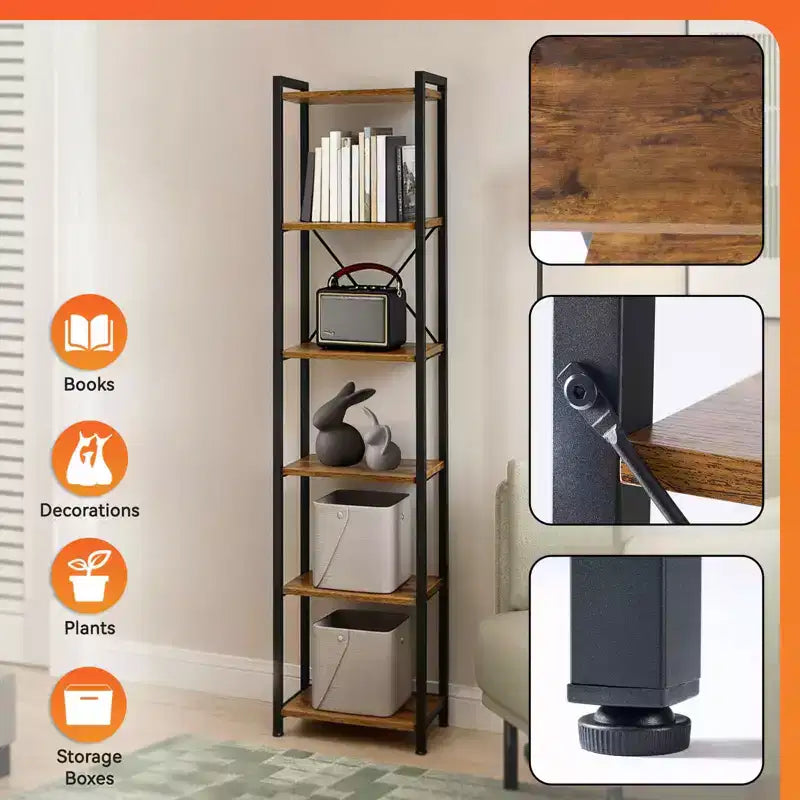 MAYEERTY 6-Tier Industrial Narrow Bookshelf, Rustic Small Freestanding Corner Storage Rack Metal Frame Display Stand