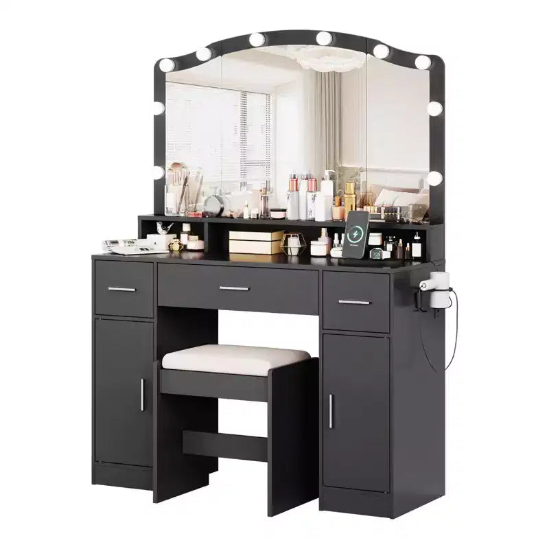 Acekool Black Vanity Desk with Mirror and Five Drawers