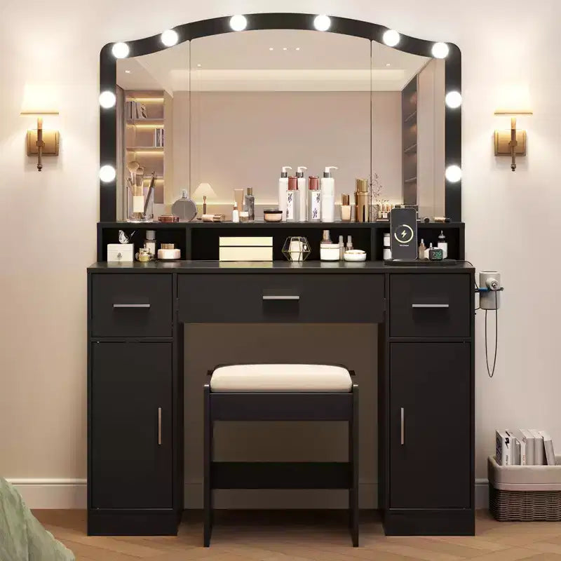 Acekool Black Vanity Desk with Mirror and Five Drawers