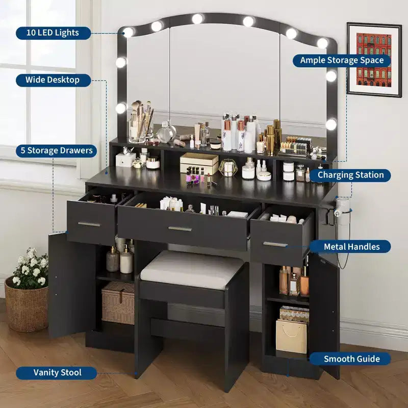 Acekool Black Vanity Desk with Mirror and Five Drawers