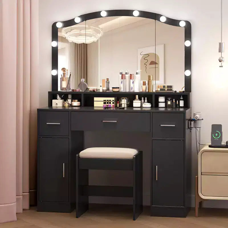 Acekool Black Vanity Desk with Mirror and Five Drawers