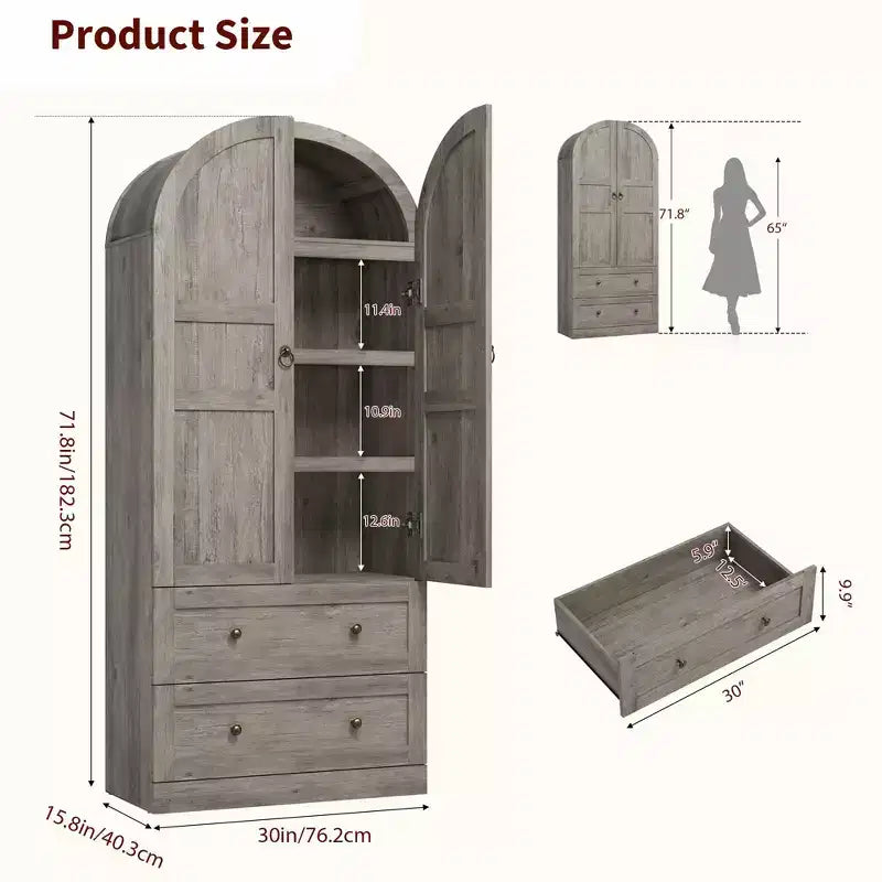 72 Arched Kitchen Pantry Cabinet with Doors, Drawers & Shelves,Farmhouse Freestanding Storage Cabinet for Dining & Living Room