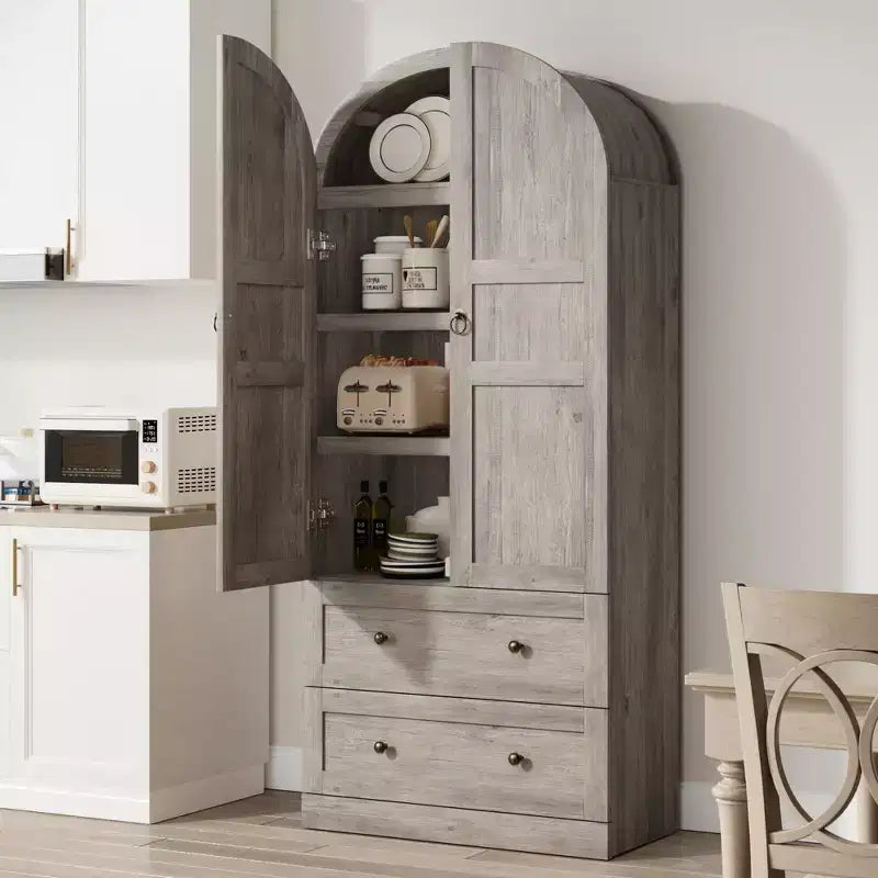 72 Arched Kitchen Pantry Cabinet with Doors, Drawers & Shelves,Farmhouse Freestanding Storage Cabinet for Dining & Living Room