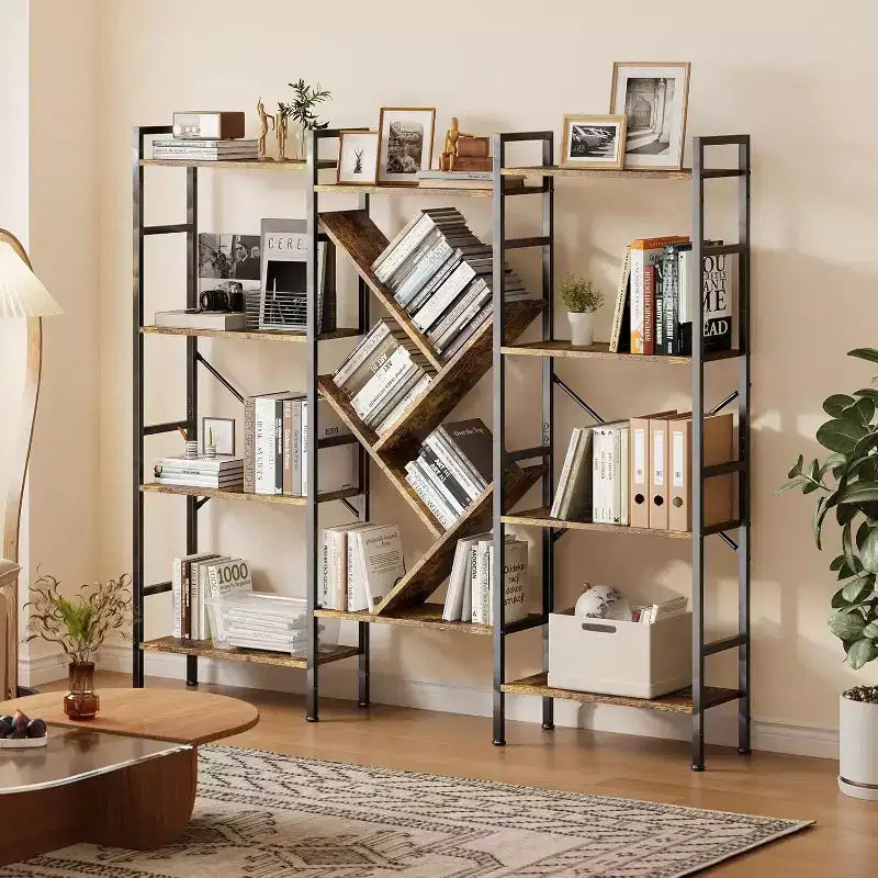 Triple 4 Tier Bookshelf, Metal and Wood Bookcase with Display Shelves, Modern Industrial Book Shelf for Living Room, Bedroom, Home Office, Brown